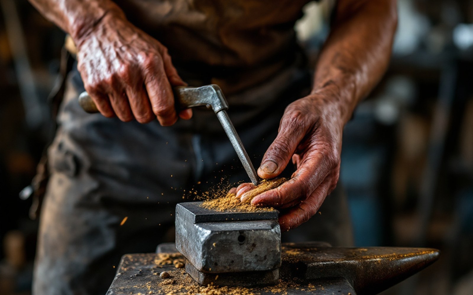 A hoof held between the knees mid-trim, rasp in hand